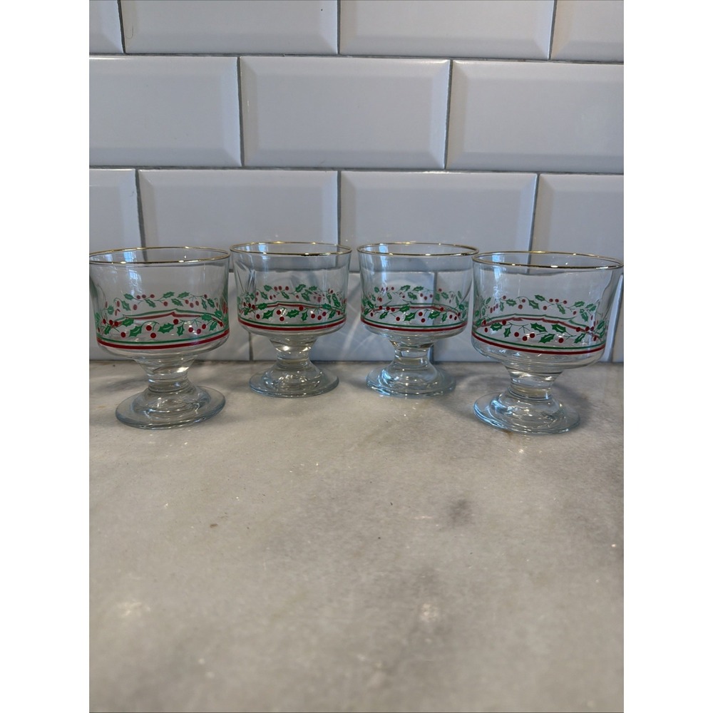 Set Of 4 Vintage 1980's Arby Christmas Libbey's Sherbet Glasses HollyBerry GW002